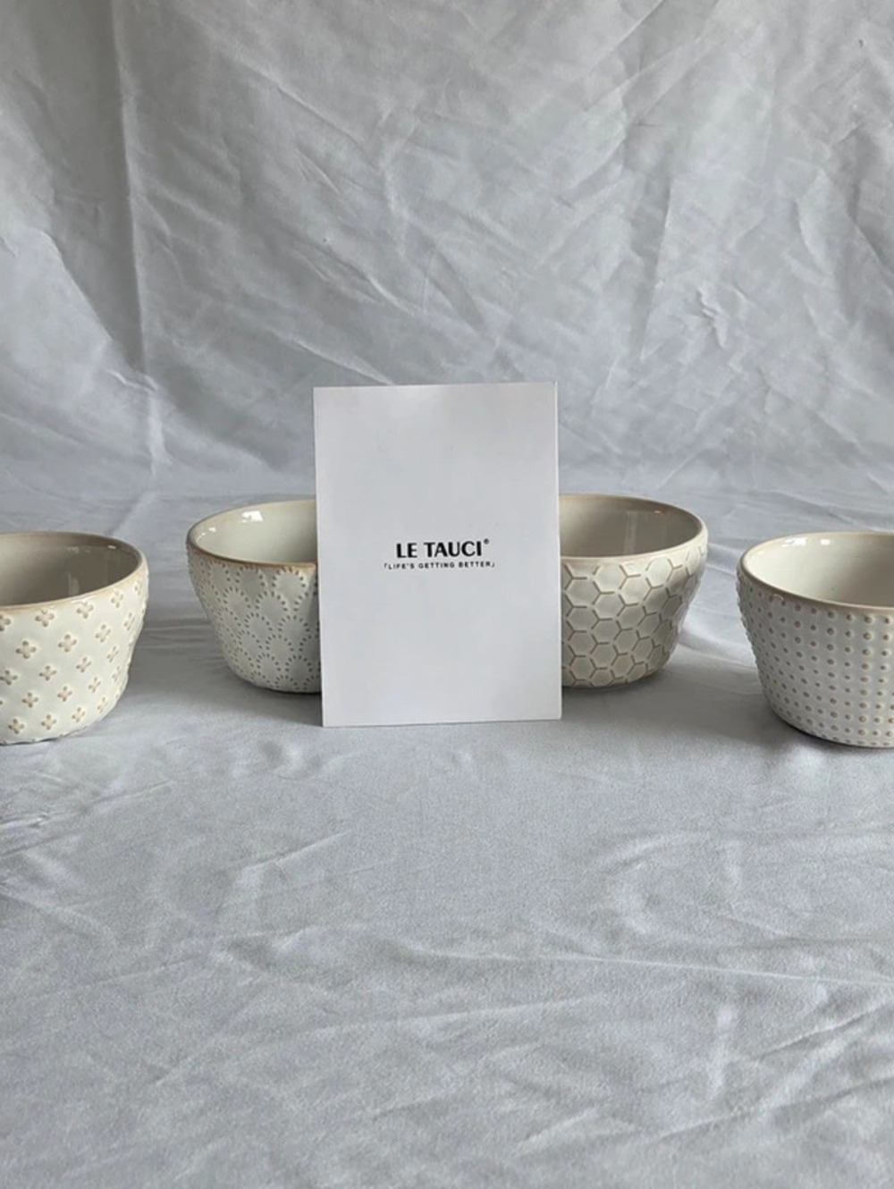 Le Tauci Set of 4 Textured White Stoneware Dessert Bowls 8 oz./4.1"